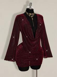 SHEIN ICON Plus Size Women's Plunging Neck Gold Mini Party Dress Burgundy Outfit Women Red Sparkly Dress - Burgundy - View 7