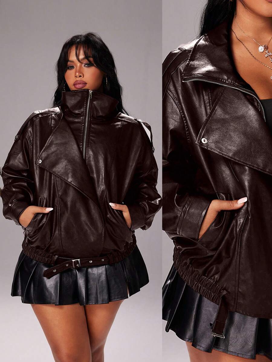 Rustia 大码女式时尚宽松机车皮夹克，街头风，秋季款 - 鏽棕色 - 查看 1