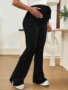 SHEIN Maternity Casual Everyday Commute Solid Color Textured Fabric Adjustable Drawstring Waist Flare Pants - Black - View 3