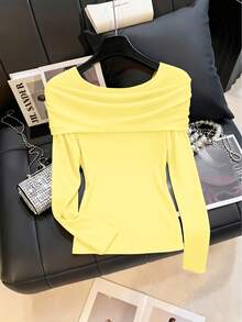 GlowEve CURVE Camiseta de manga larga con hombros descubiertos, con bordados de cuentas y strass, talla grande - Amarillo claro - Ver 2
