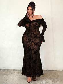 SHEIN BAE 大码女士露肩喇叭袖鱼尾连衣裙 - 黑色 - 查看 7