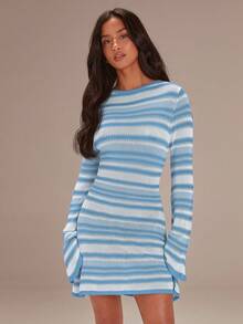 Athîral Women's Casual Striped Flare Sleeve Sweater Dress, Summer - Blue - View 2