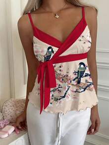 CovetEZ 女士中国风印花修身蝴蝶结系带吊带背心，新年中国风上衣，中国风蝴蝶结系带吊带女士吊带背心，夏季派对上衣，女士夏季服装，女士夏季上衣，女士夏季上衣，漂亮上衣 - 彩色 - 查看 3