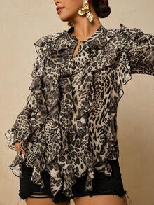 Travachic Plus Size Women Chiffon Leopard Print Long Sleeve Blouse, Leopard Print Ruffle Hem Shirt - Grey - View 1