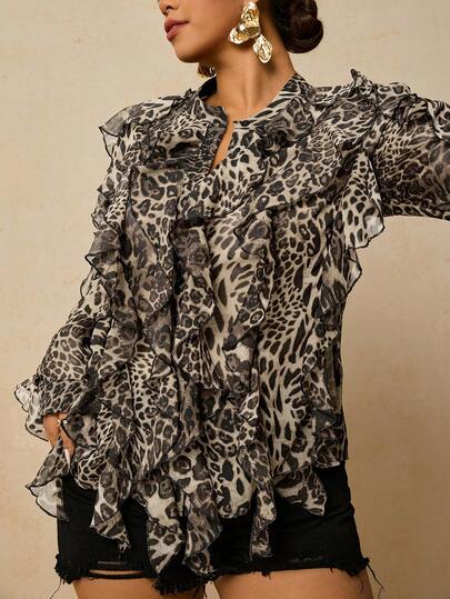 Travachic Plus Size Women Chiffon Leopard Print Long Sleeve Blouse, Leopard Print Ruffle Hem Shirt