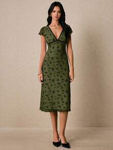 Poéselle Đầm midi ôm dáng tay ngắn phối màu tương phản dành cho nữ, thanh lịch mùa hè. - xanh quân đội - Xem 5