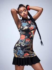 Y2Kool BiGraphic Casual Sexy Urban Modern Minimalist Y2K Subculture Millennium Fashionable Women's Dragon Print Cheongsam Dress, Suitable For Daily Outings, Travel, Dates, Parties, New Year, Holidays, Music Festivals, Valentine's Day, Spring/Summer, Wedding Guest, Music Festival, Musician, Night Club - Black - View 5