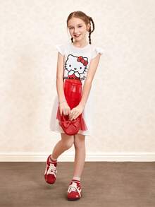 HELLO KITTY AND FRIENDS | SHEIN 少女休闲可爱卡通字母图案荷叶边袖口撞色网纱夏季连衣裙 - 彩色 - 查看 8