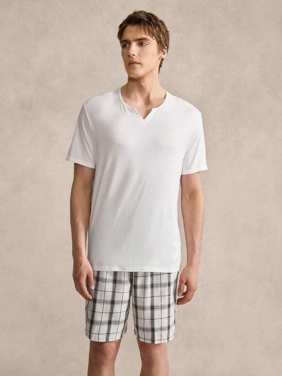 EverLounge Men's Retro British Style Black & White Plaid Short Sleeve Shorts Pajama Set - Multicolor - View 1