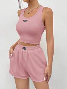 SHEIN EZwear 女款粉色針織無袖休閒運動背心套裝，夏季兩件式短褲套裝，舒適羅紋短褲套裝 - 粉色 - View 3
