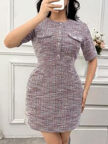 DAZY Women's Elegant Round Neck Textured Faux Pocket Midi Dress, Summer Wedding Guest Dress Sundress - Pink - View 6