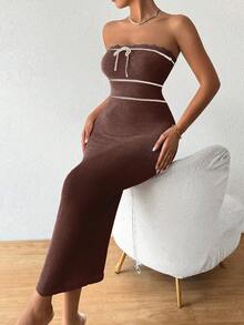Pariaura Women's Autumn/Winter Strapless Knit Sexy Dress, High-Quality Vacation Style Long Dress - Coffee Brown - View 4