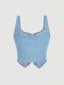 SHEIN MOD 大码纯色系带圆领无袖牛仔露脐上衣 - 淺色水洗藍 - 查看 2