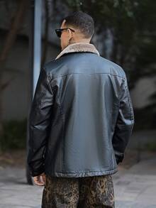 Devon Thys 男士长袖PU皮立领保暖内衬皮夹克，时尚休闲，秋季款 - 黑色 - 查看 2