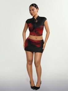 SHEIN ICON Chinese Style Retro Floral Print Mini Skirt - Black - View 1