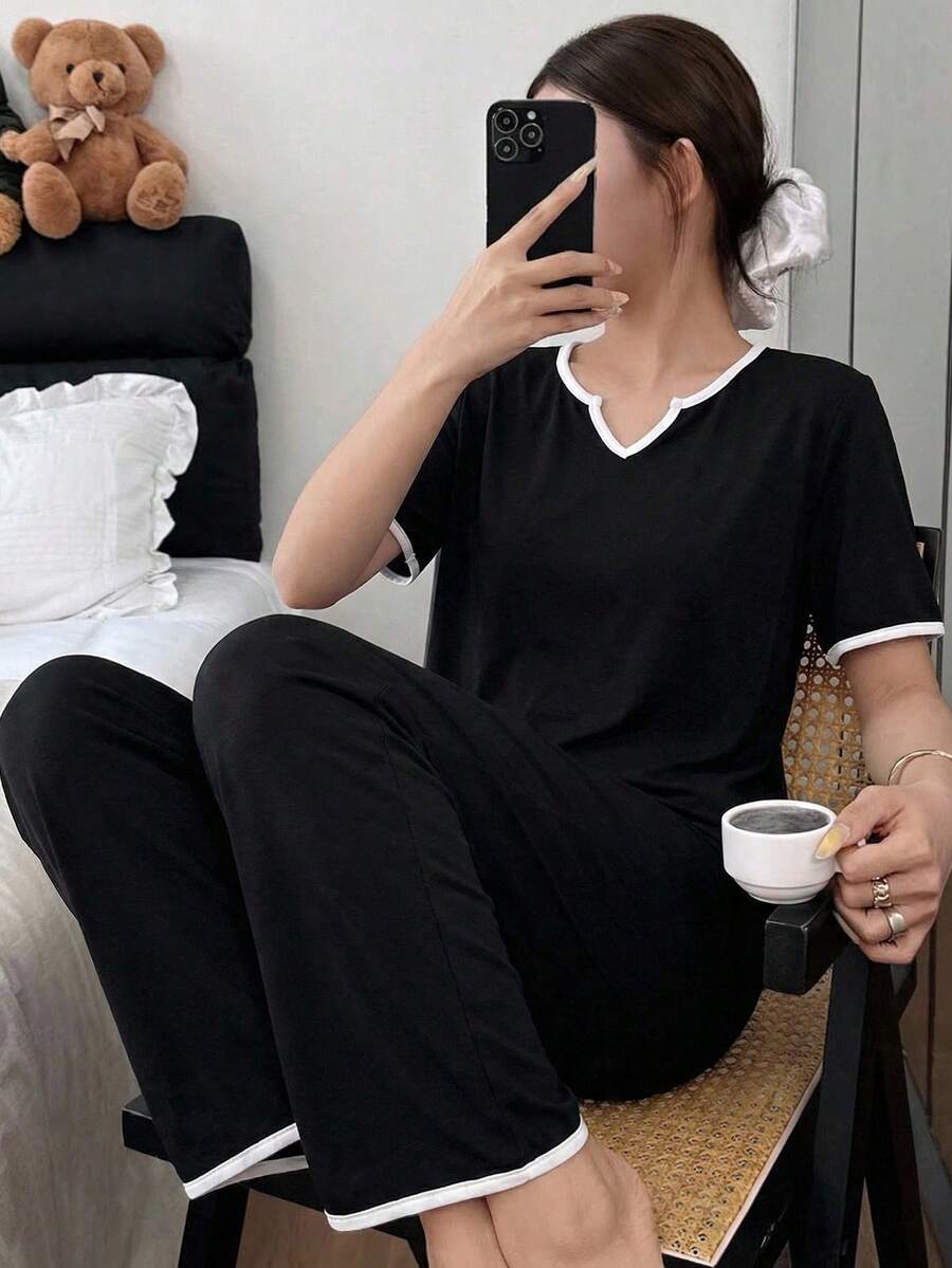 SHEIN 少女睡衣撞色包边缺口领口前系结家居服套装 - 黑與白 - 查看 1
