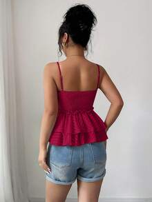 Elenzga 女士休闲度假雪纺镂空不对称叠层吊带衫 - 紅色 - 查看 2