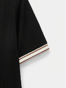 Manfinity Unisex Men's Casual Business Daily Commute Textured Fabric Contrast Striped Trim Short Sleeve Polo Shirt, Summer - Black - View 4