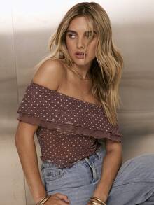 Aralina Women's Sleeveless Off The Shoulder Strapless Polka Dot Ruffled Mesh Top Polka Dot Top Brown Top Cute Going Out Top For Women Party Top Summer Top - Multicolor - View 1