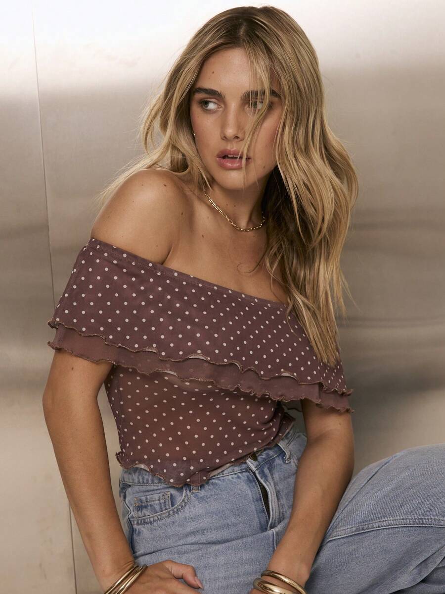 Aralina Women's Sleeveless Off The Shoulder Strapless Polka Dot Ruffled Mesh Top Polka Dot Top Brown Top Cute Going Out Top For Women Party Top Summer Top - Multicolor - View 1