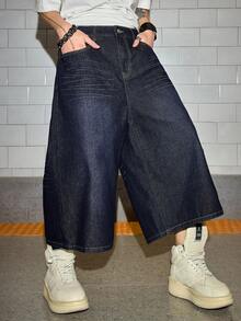 ROMWE MEN Grunge Punk 男士休闲日常牛仔短裤，带口袋，部分印有国旗图案 - 藍色 - 查看 5