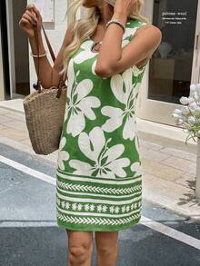 SHEIN LUNE Plus Size Colorblock Print Round Neck Sleeveless Dress - Green - View 3