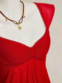 SHEIN ICON Women's Ruched Front Fitted Sexy Mesh Patchwork Cap Sleeve Backless Casual Vacation Cropped Tank Top - Red - View 8