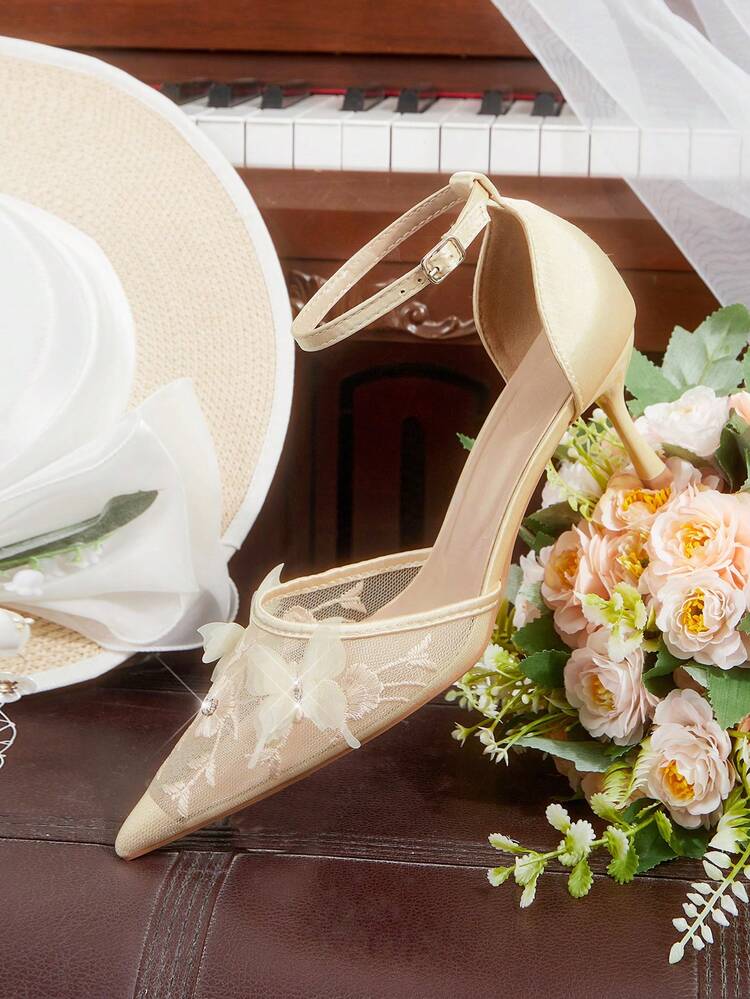 CUCCOO HITCHD Women Shoes Four Seasons New Embroidery Butterfly Type Flower Point Thin Heel High Heel Shoes Elegant Sexy Mesh Women's High Heel Shoes Rear Foot Wristband High Heel Shoes Sexy Elegant Fashion Wedding Valentine's Day Afternoon Tea Elegant Wear Valentine's Day Elegant Shoes Wedding Shoes