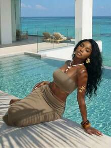 Slaydiva 全新春夏款式，日常约会完美之选，优雅迷人，适合海滩度假、邮轮派对等各种场合。简约时尚，也适合生日派对和性感场合。无肩带鱼尾裙，修身浅棕色两件套女装 - A - 棕色 - 查看 6