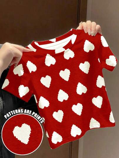 SHEIN Mom And Me Vintage Cute Cherry Heart Print Pattern Matching Outfits, Suitable For Valentine's Day Party, Baby Girl Casual Minimalist Short Sleeve Round Neck Top For Summer, Cute Summer Outfits For Summer Kids Items, Korean Style, Homecoming, Easy Comfort & Stylish Kids, Spring & Summer Outfits For, Casual Wear, Baby & Kids Graphic Tops, Summer New Style, Spring & Summer Fashion