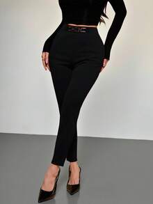 SHEIN PETITE CURVE Quần dài dáng ôm cạp cao chi tiết khóa kim loại dành cho nữ cỡ lớn, quần dài thanh lịch cho mùa hè và mùa xuân, phù hợp cho tiệc tùng, đám cưới, những dịp trang trọng, kỳ nghỉ, ngày Valentine, các sự kiện trang trọng, phong cách cổ điển, công sở, đi làm. - màu đen - Xem 5