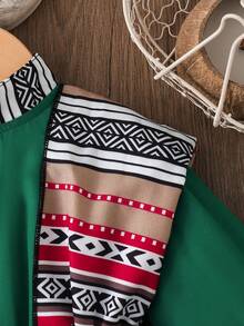 SHEIN 女婴春秋季新款黑色泡泡袖印花披肩领连衣裙，优雅休闲/假日连衣裙 - 綠色 - 查看 8