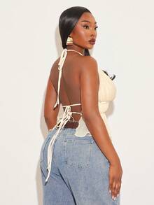 SHEIN SXY Áo croptop hở lưng gợi cảm màu trắng ngà dành cho nữ, chất liệu vải lưới, xếp ly, thời trang, thanh lịch, quyến rũ, thích hợp cho ngày Valentine, dự đám cưới, phong cách vintage, dự tiệc, đi chơi. - Màu be - Xem 3