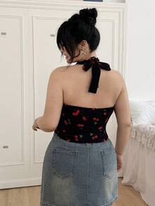 CovetEZ Plus Size Women's Sexy Backless Deep V-Neck Tie Front Cherry Print Vacation Top - Red - View 2
