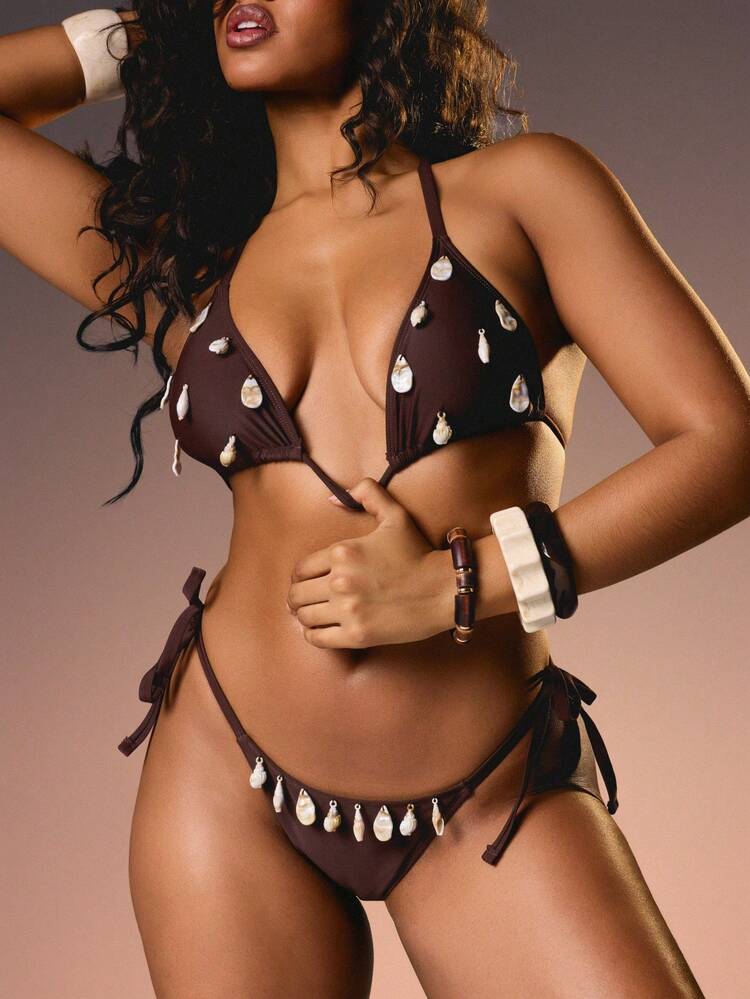 MISSGUIDED Teardrop Shell Decorated Triangle Bikini Top With Tie Straps Summer Beach Swimwear