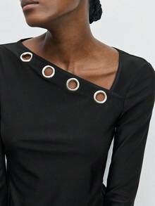 Maija 女士时尚通勤不对称领金属扣装饰T恤 - 黑色 - 查看 6