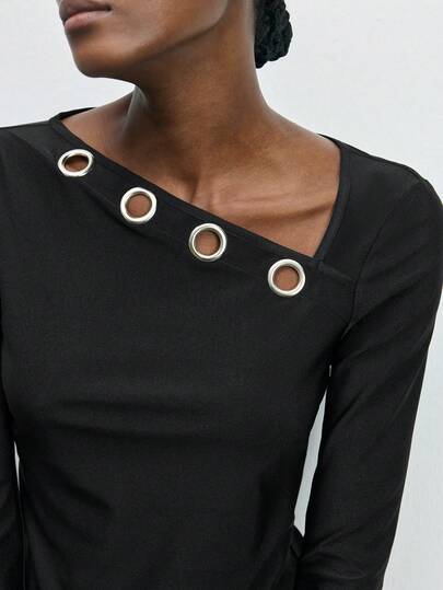 Maija Women's Fashion Commuter Asymmetric Collar Metal Buckle Decor T-Shirt