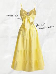 Olithes 女士波西米亚风度假优雅金属贝壳装饰露背蝴蝶结吊带多层竹纹连衣裙，夏季 - 黃色 - 查看 2