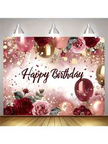 1-Piece Polyester Birthday Party Banner | Rose & Red Balloon Pattern, Perfect For Indoor/Outdoor Decor & Photo Backdrop - Multicolor - View 7