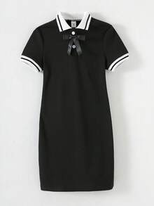 Vestido ajustado de punto acanalado con botones, cuello de contraste y bordado de mariposa para niña preadolescente, vestidos de verano en negro y blanco - Negro - Ver 3