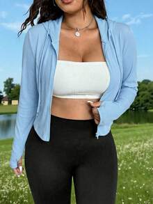 CovetEZ Plus Size Solid Blue Full Zip Hooded Casual Jacket - Blue - View 4