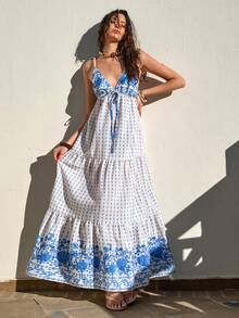 Bóhologie 女士蓝色碎花波西米亚风长裙 – 无袖吊带夏季连衣裙，复古层叠印花常规款长裙，度假沙滩装 - 藍色 - 查看 1