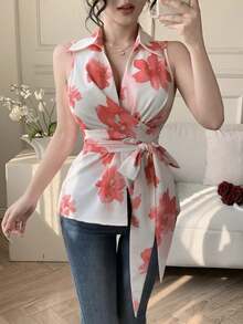 Celisse Women's Floral Print Collared Sleeveless Cinched Waist Shirt, Summer Vacation - Pink - View 5