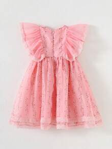 Young Girl Round Neck Mesh Floral Casual Loose Halter Dress - Pink - View 3