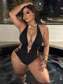 Swim SXY 大码性感连体泳衣，饰有高端金属装饰，适合度假 - 黑色 - 查看 6