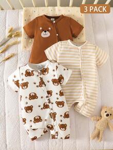 SHEIN 3件套新生男宝宝卡通熊条纹印花短袖连体衣短裤套装，轻薄透气，适合日常穿着、庆祝活动、派对，0-1岁宝宝适用，春夏新品 - 咖啡棕 - 查看 3