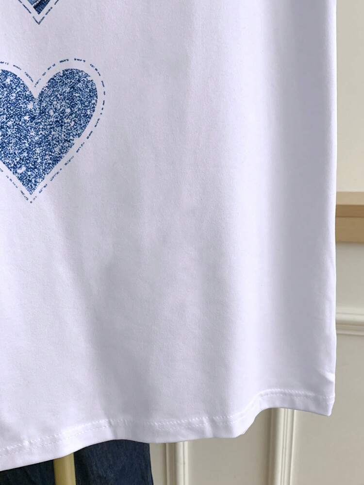 Camiseta Casual Feminina de Gola Redonda com Estampa de Coração, Verão - Branco - Visão 5