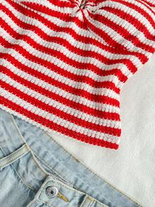 Sunnyshic Women's Red & White Striped Knit Jacquard Fabric V-Neck Short Sleeve Fitted Cropped T-Shirt, Elegant Casual Vacation Outfit, Spring/Summer - Red and White - View 6