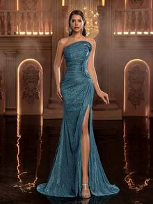 Glamrae Elegant Romantic Lace Strapless Asymmetrical Fish Line Shaped Mesh Sheer Fish Bone Trim High Slit Mermaid Tail Maxi Dress, Suitable For Weddings, Bachelorette Parties, Dates, Vacations, And All Formal Occasions - Grass Green - View 1