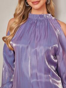Amorya Áo sơ mi nữ tay dài cổ xếp ly, vai trần, kiểu dáng thường ngày, đa năng, thích hợp mặc đi làm, mùa hè, đi nghỉ mát, thanh lịch, sang trọng, thích hợp mặc đi làm, thời trang, thích hợp mặc đi dự đám cưới, làm phù dâu và các dịp khác. Áo sơ mi nữ mới. - Màu tím - Xem 3